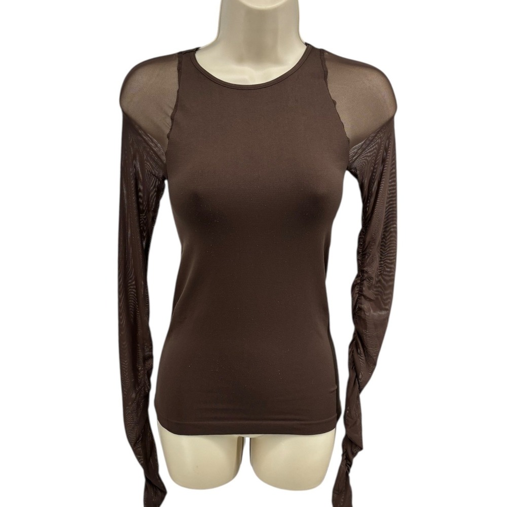 Free People Brown Long Sleeve Mesh-Shoulder Tee